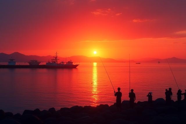 横須賀の海に沈む夕日と釣りをする人々のシルエット
