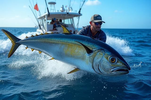 終日沖合ツアーで大物を釣り上げるアングラー