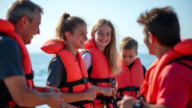 海上安全トレーニングの様子、ライフジャケットを着用した人々